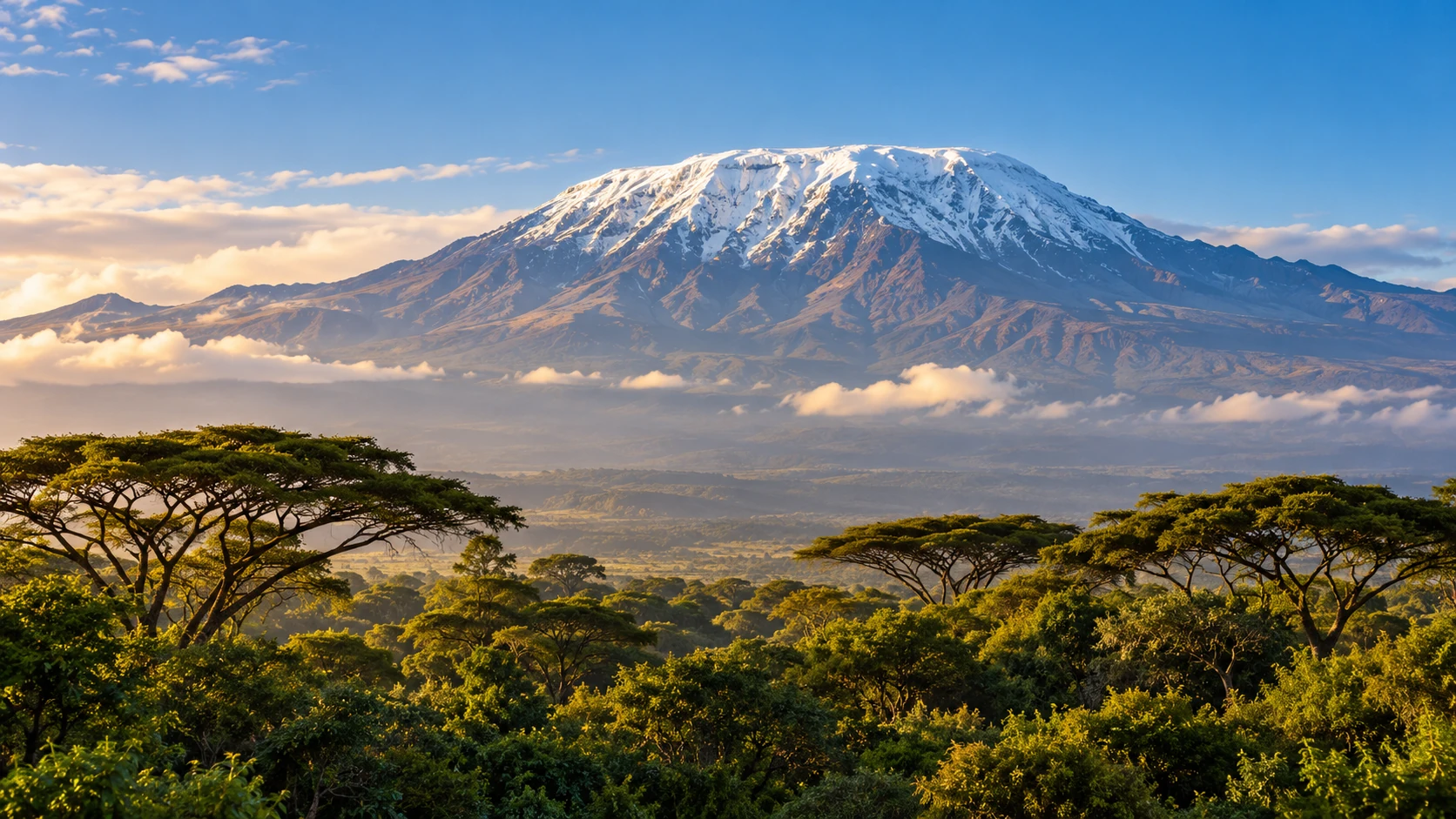Illustrative panoramic landscape of Mount Kilimanjaro with snow and trees